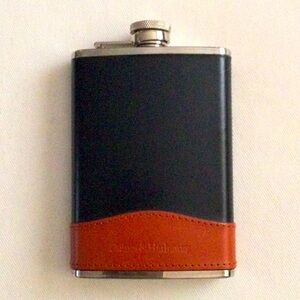 8oz Hip Flask - Black Leather with Brown Leather Collar